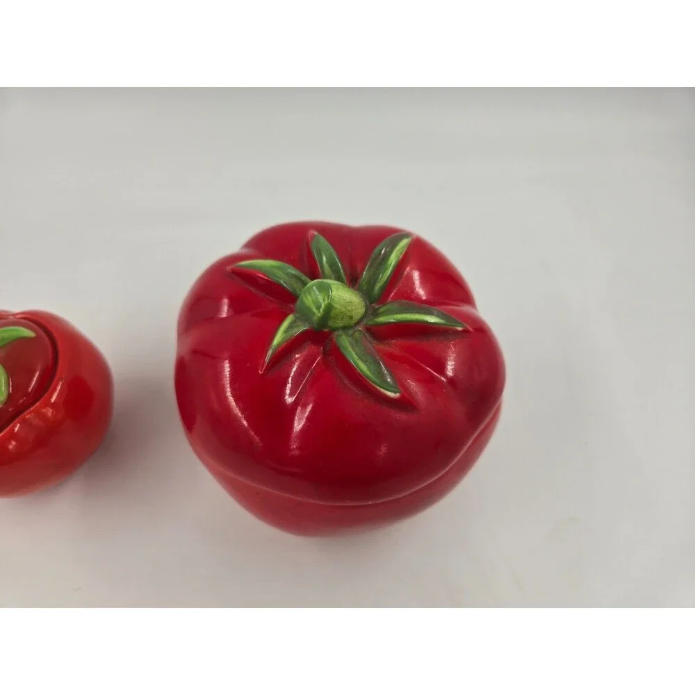 1940's Vtg Pantry Parade Ceramic Tomato Lidded Sugar Jar & Container Set of 2